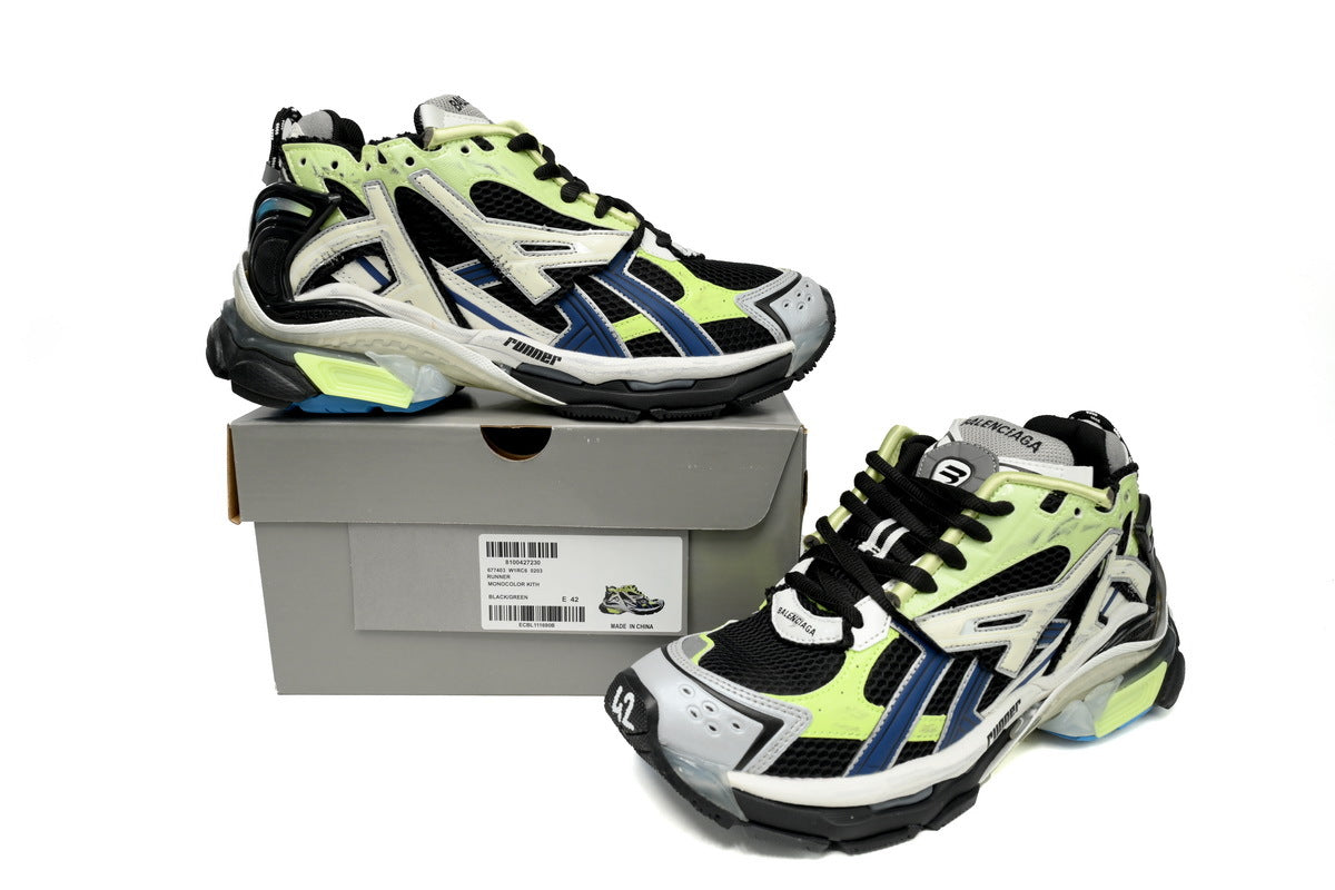 Balenciaga Runner Series Sneakers "Black Fluorescent Green Blue"-retro thick sole dad shoes，Women's Shoe Sale / Men's Shoe Sale