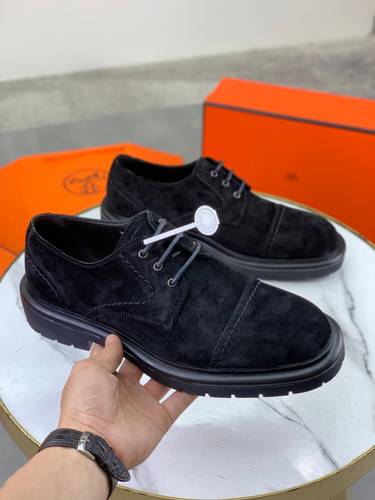 Hermès Men's Cap Toe Derby Shoes "Black" Suede Thick Lug Sole Casual Dress Shoes