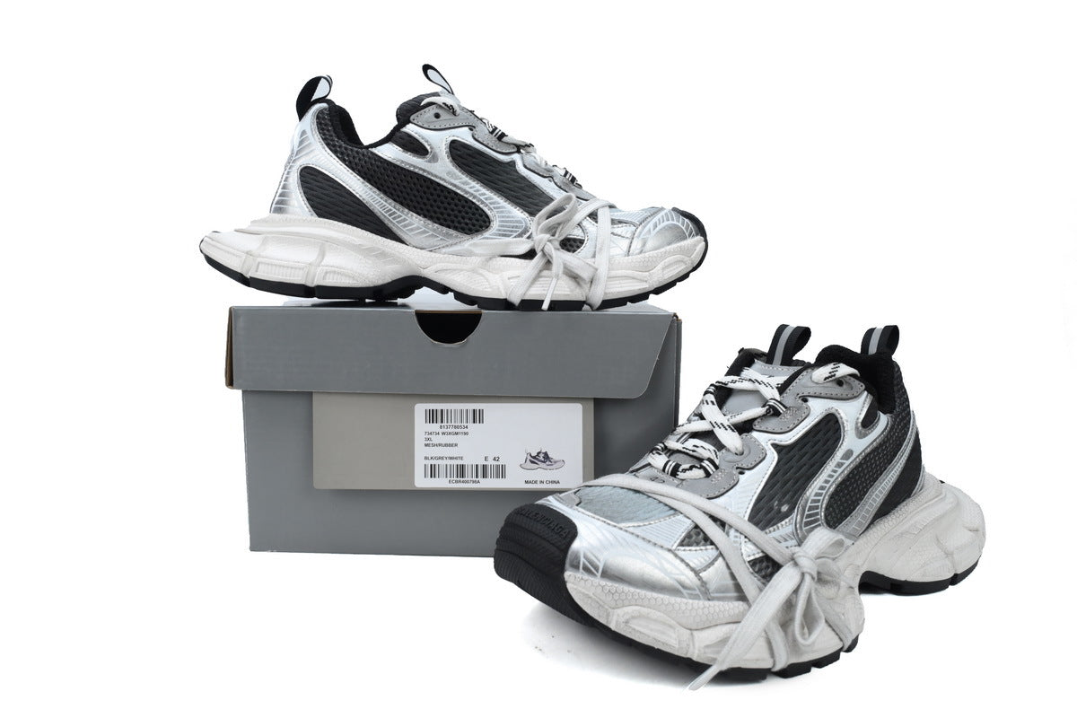 Balenciaga 3XL Mesh Trainer Sneaker "Silver Black White"-retro thick sole dad shoes，Women's Shoe Sale / Men's Shoe Sale