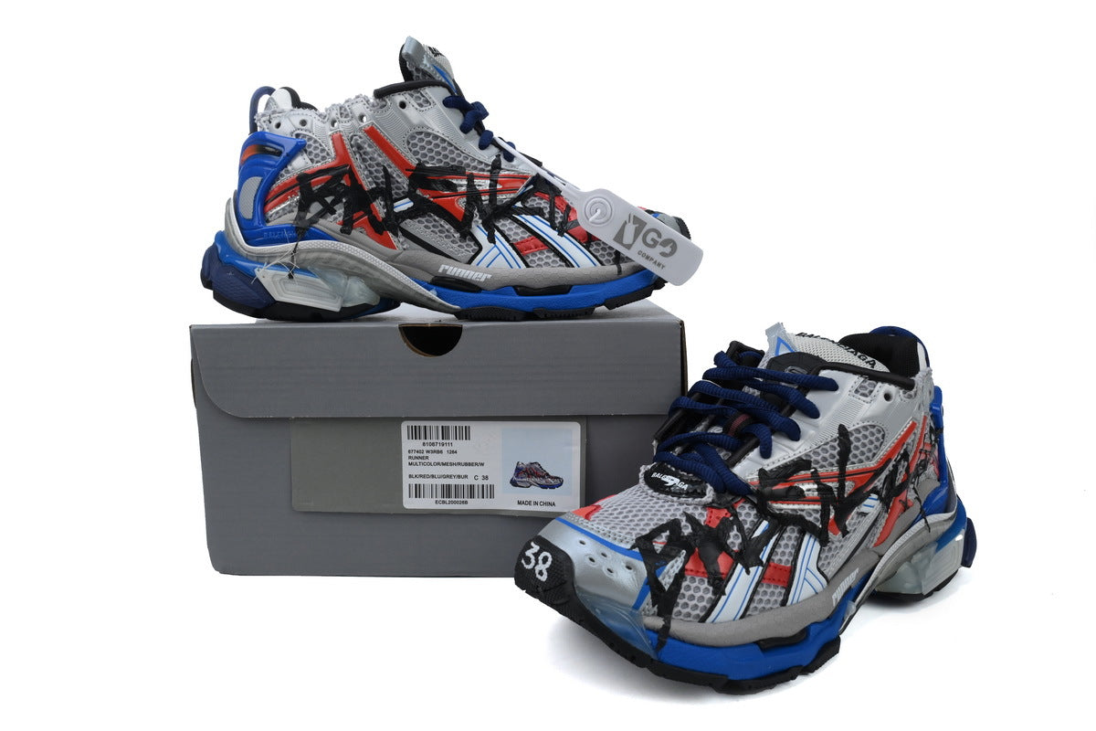 Balenciaga Runner Graffiti Sneakers "Grey Red Blue"-retro thick sole dad shoes，Women's Shoe Sale / Men's Shoe Sale