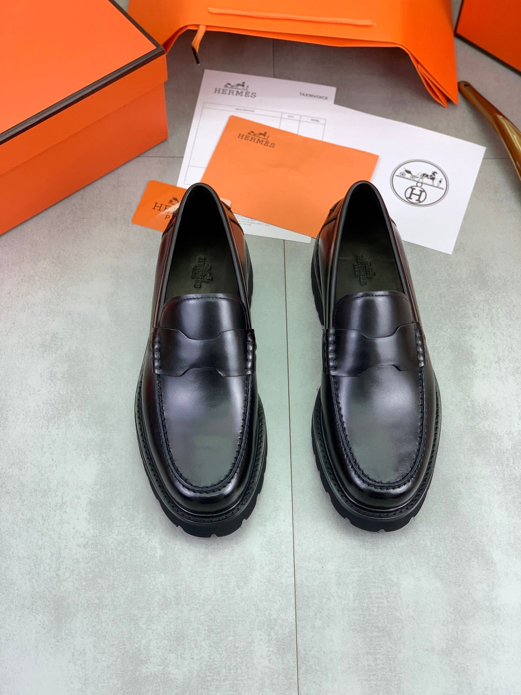 Hermes Group Series "Black" Smooth Leather Men Chunky Penny Loafers