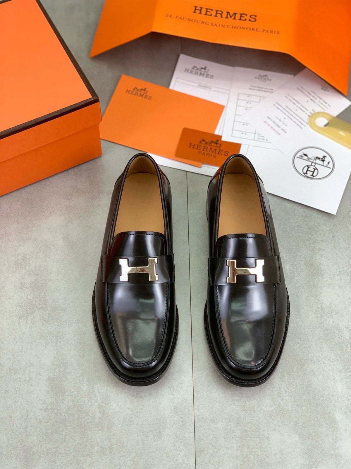 Hermès Men's H Logo Loafers "Black" Polished Calf Leather Slip On Formal Dress Shoes