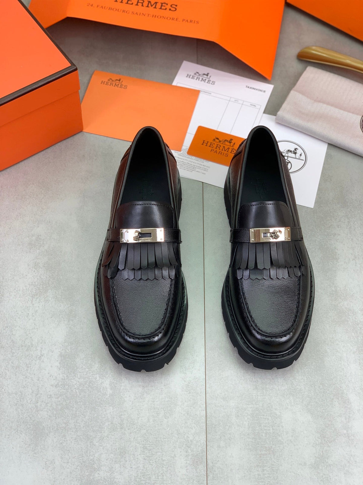 Hermès Men's Kelly Buckle Tassel Loafers "Black" Grain Calf Leather Thick Lug Sole Slip On Shoes