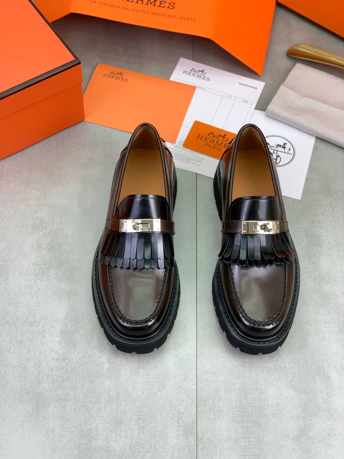 Hermès Men's Kelly Buckle Tassel Loafers "Dark Brown" Polished Calf Leather Thick Lug Sole Slip On Shoes