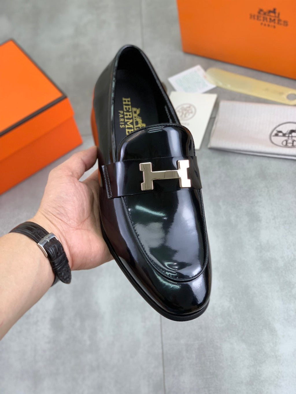 Hermes Royal Loafers Men's "Black" Patent Leather H Logo Slip On Dress Shoes