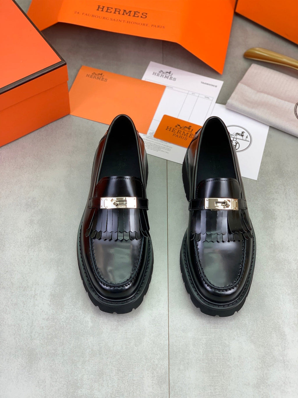 Hermès Men's Penny Loafers "Black" Polished Calf Leather Metal Buckle Slip On Dress Shoes