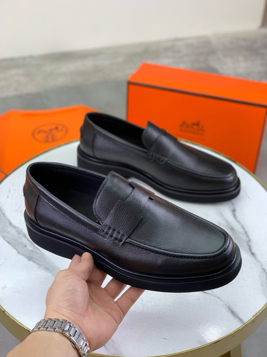 Hermès Men's Penny Loafers "Black" Grain Leather Thick Sole Business Dress Shoes