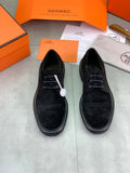 Hermès Men's Cap Toe Derby Shoes "Black" Suede Thick Lug Sole Casual Dress Shoes