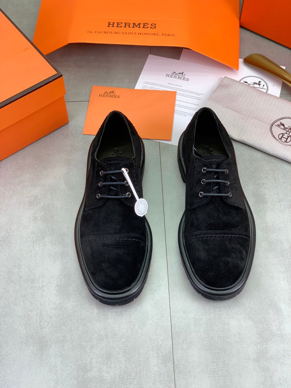 Hermès Men's Cap Toe Derby Shoes "Black" Suede Thick Lug Sole Casual Dress Shoes