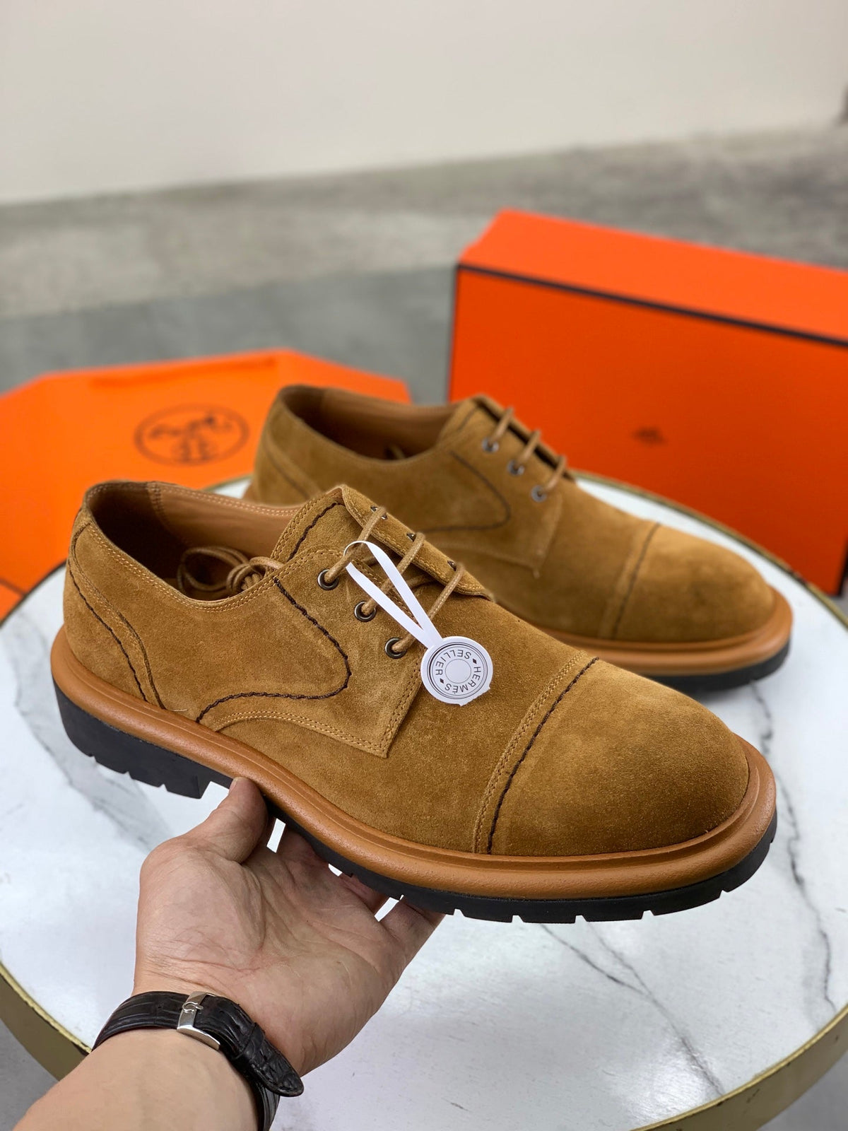 Hermès Men's Cap Toe Derby Shoes "Camel" Suede Thick Lug Sole Casual Dress Shoes