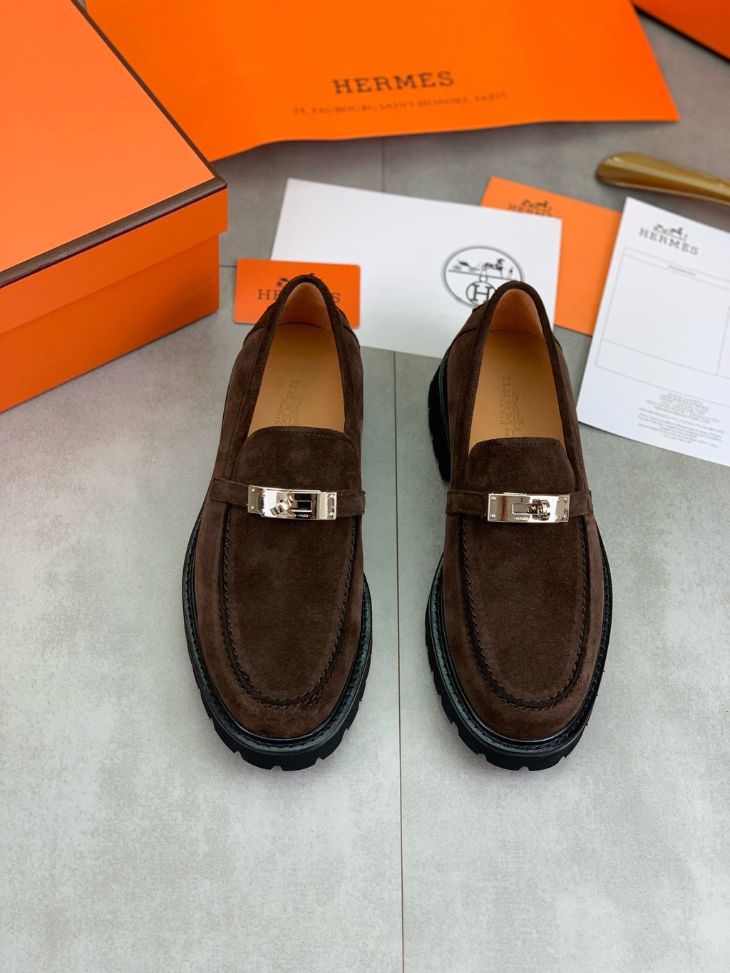 Hermes Group Series "Dark Brown" Suede Kelly Buckle Men Chunky Loafers