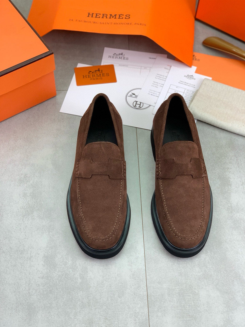 Hermès Men's Penny Loafers "Brown" Suede Leather Thick Sole Casual Dress Shoes