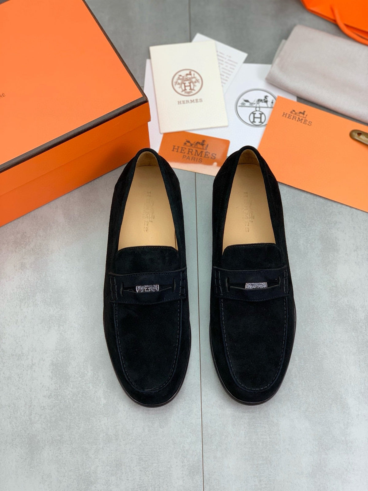 Hermès Men's Penny Loafers "Black" Suede Leather Metal Buckle Slip On Casual Dress Shoes
