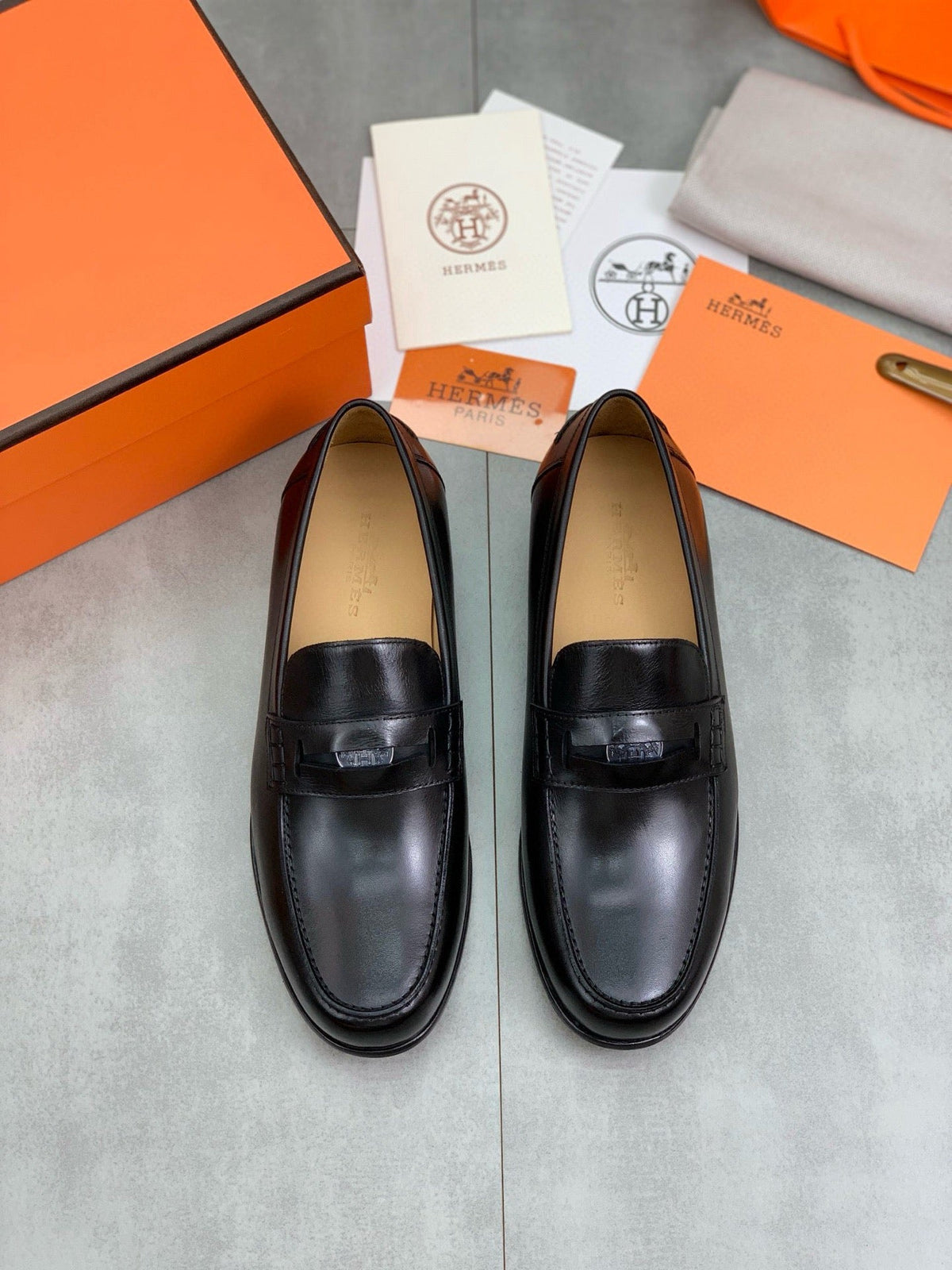 Hermès Men's Penny Loafers "Black" Smooth Calf Leather Slip On Formal Dress Shoes