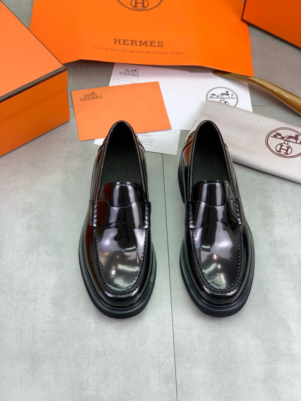 Hermès Men's Penny Loafers "Black" Polished Calf Leather Thick Sole Dress Shoes