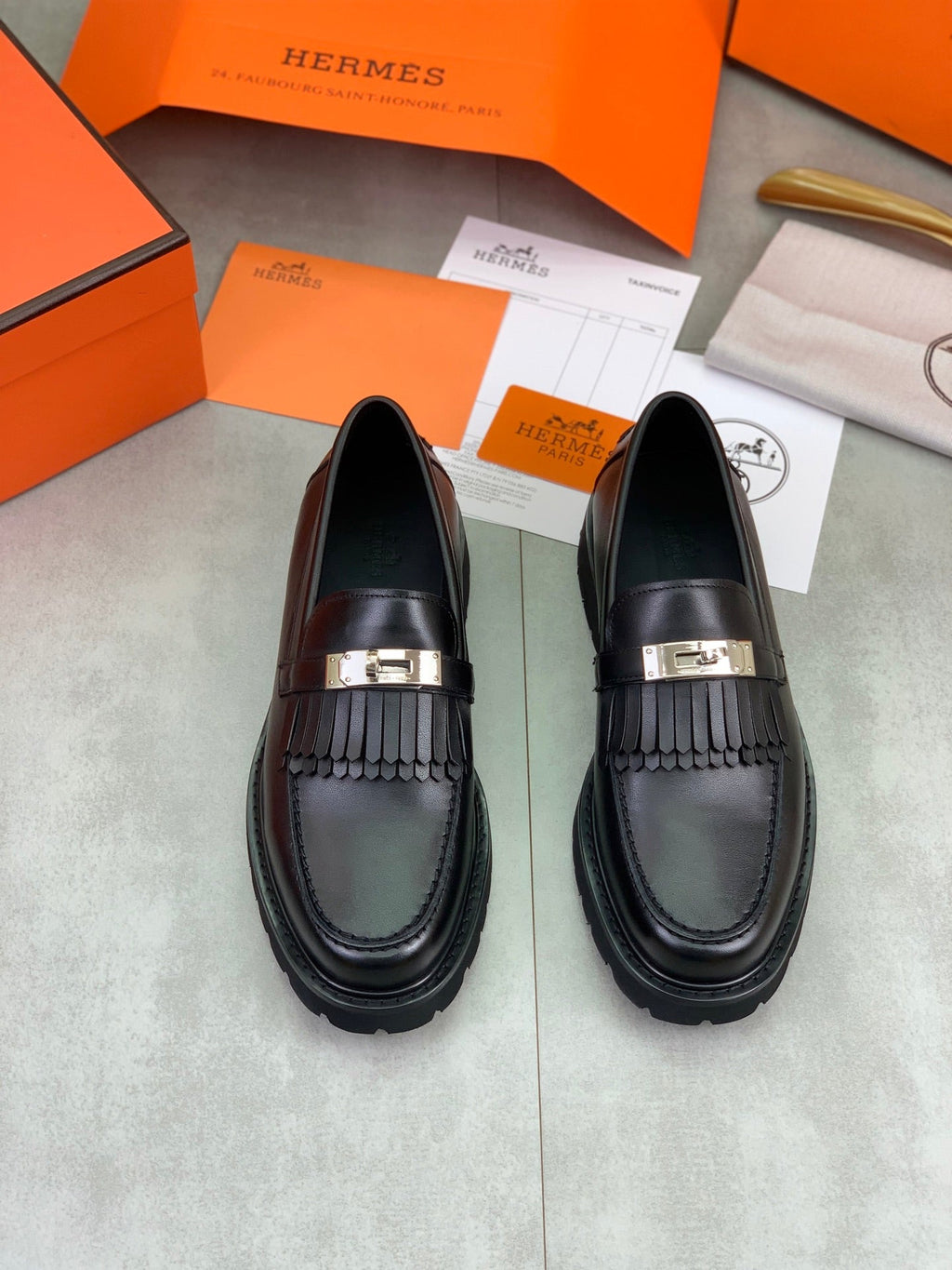 Hermès Men's Kelly Buckle Tassel Loafers "Black" Smooth Calf Leather Thick Lug Sole Slip On Shoes