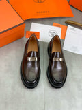 Hermes Group Series "Dark Brown" Polished Leather Kelly Buckle Men Chunky Loafers