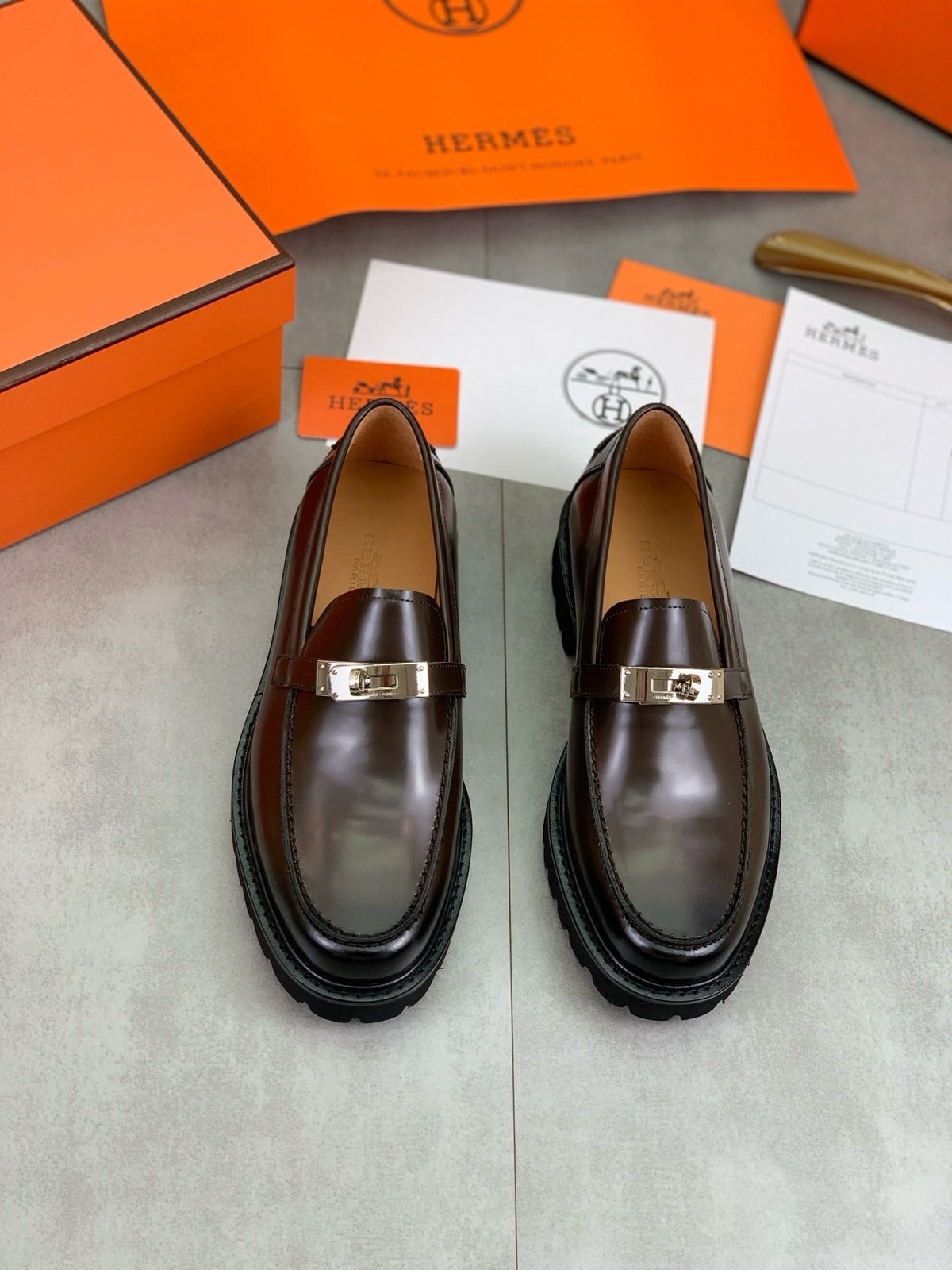 Hermes Group Series "Dark Brown" Polished Leather Kelly Buckle Men Chunky Loafers