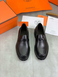 Hermes Group Series "Black" Smooth Leather Kelly Buckle Men Chunky Loafers