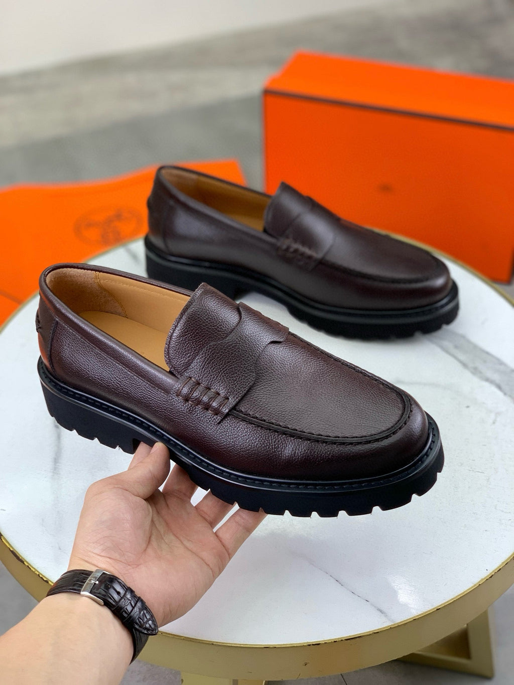 Hermes Group Series "Black" Grain Leather Men Chunky Penny Loafers