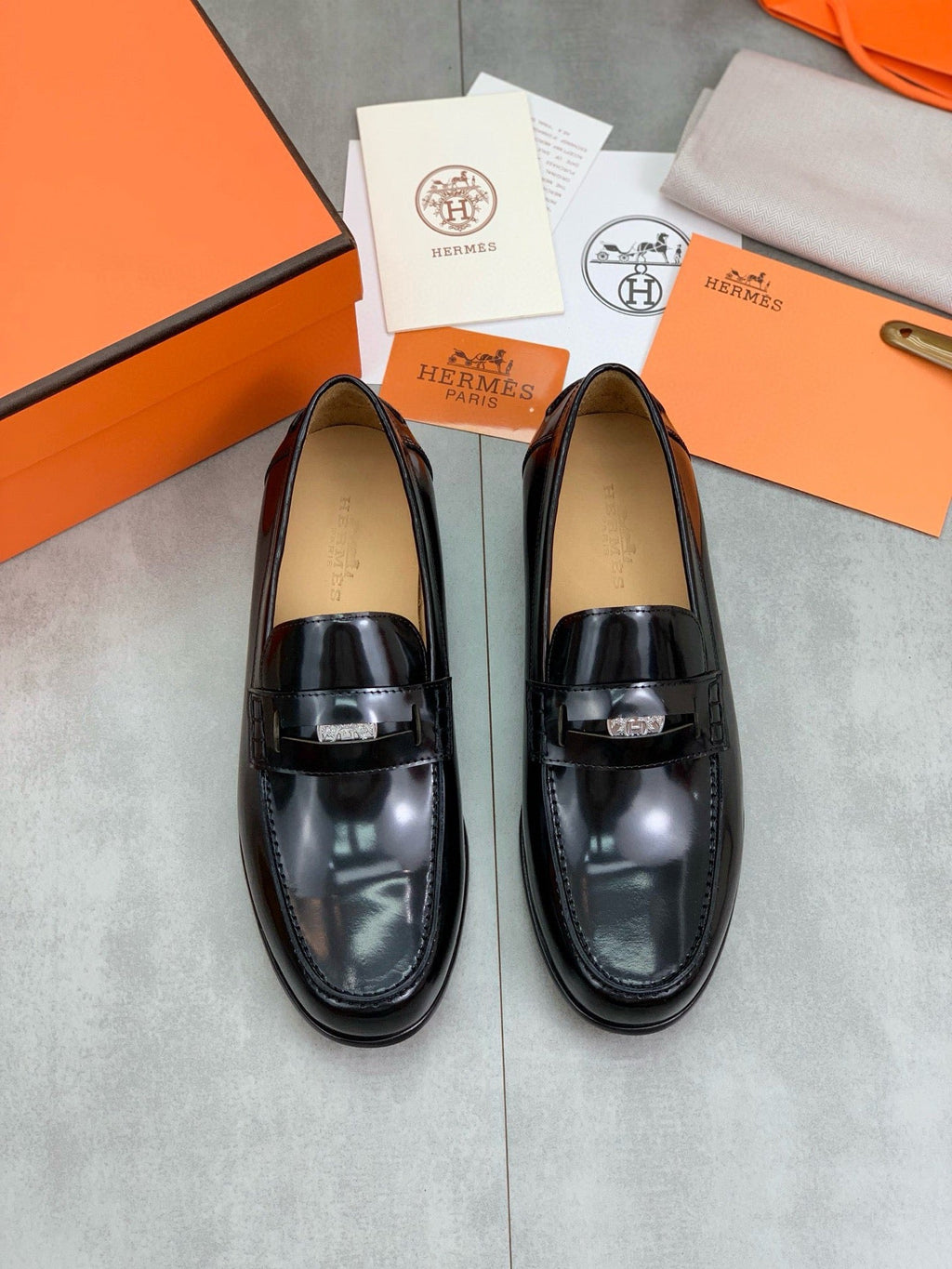 Hermès Men's Penny Loafers "Black" Polished Calf Leather Metal Buckle Slip On Dress Shoes