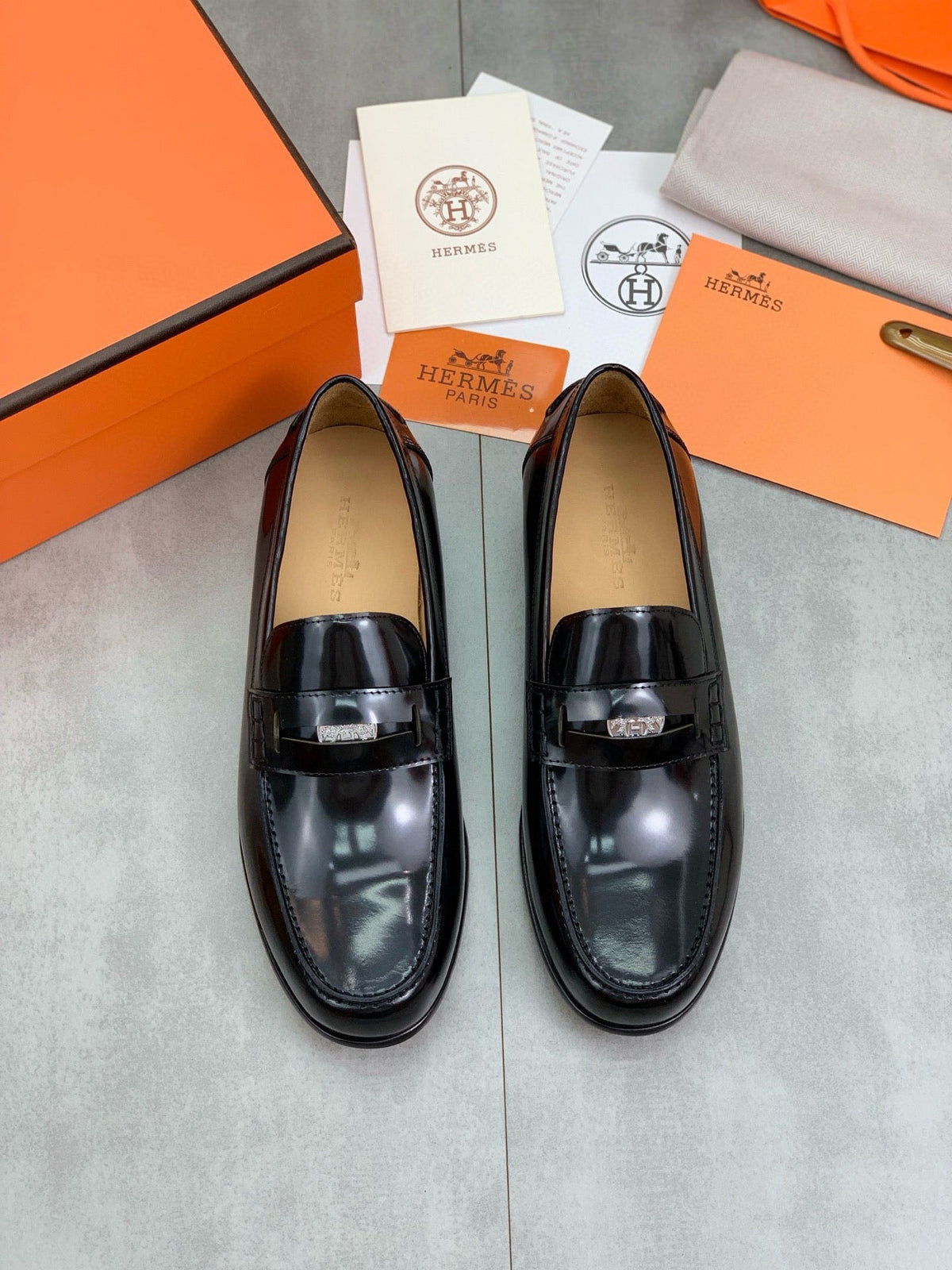 Hermès Men's Penny Loafers "Black" Polished Calf Leather Metal Buckle Slip On Dress Shoes