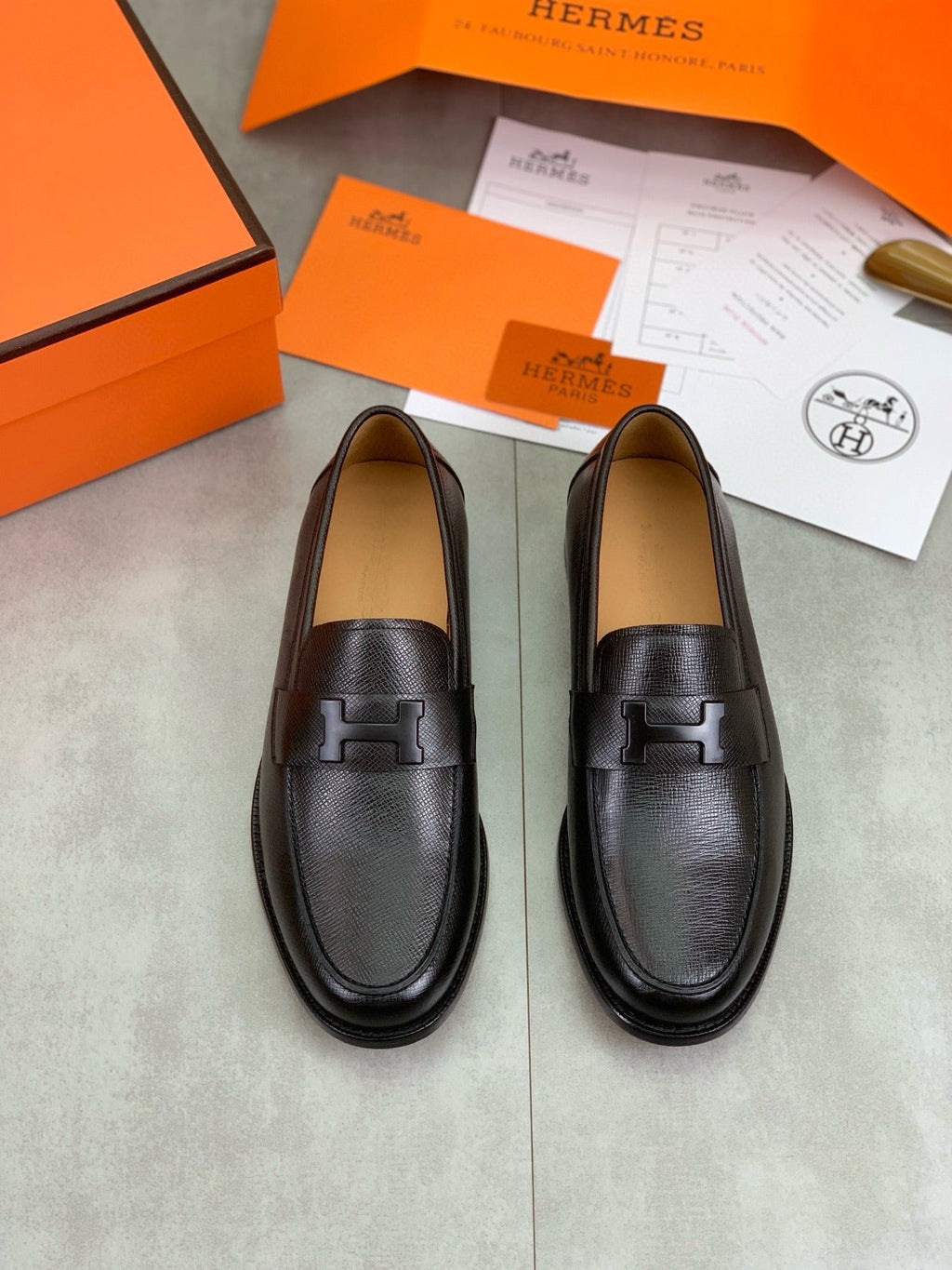Hermès Men's H Logo Loafers "Black" Grained Calf Leather Slip On Formal Dress Shoes