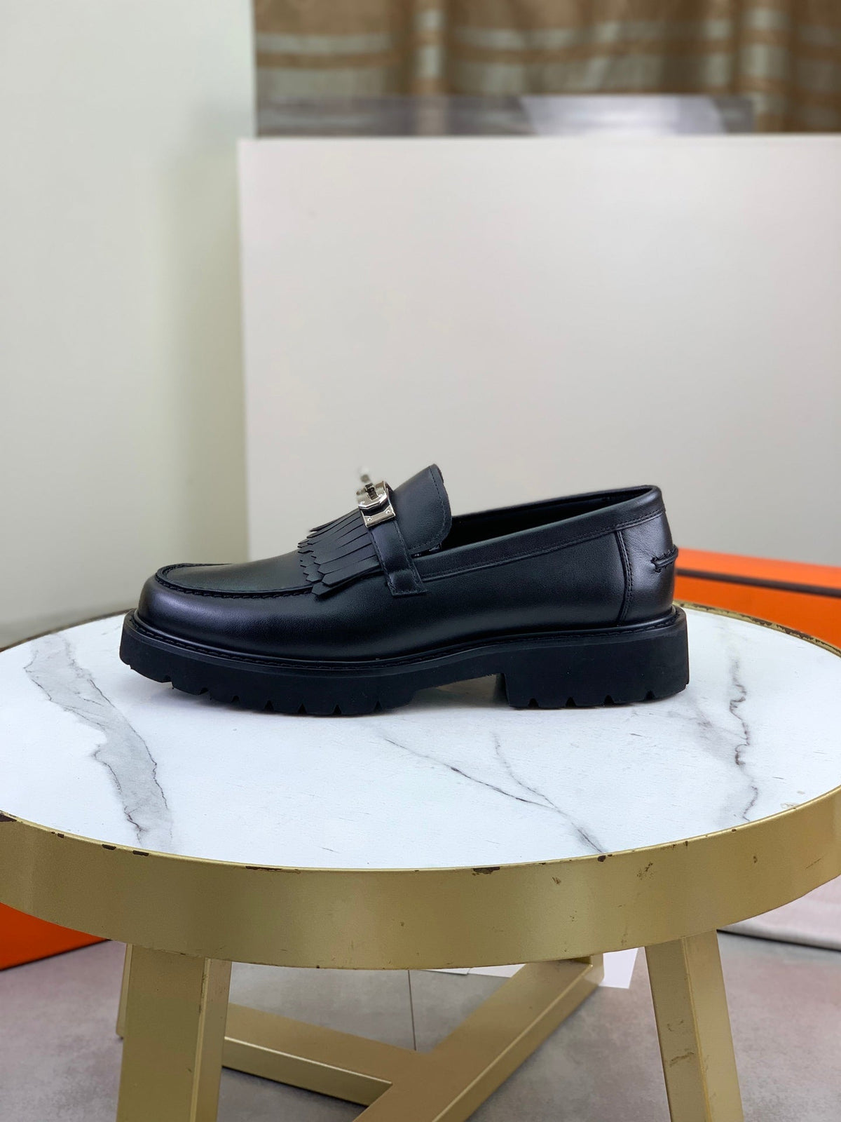Hermès Men's Kelly Buckle Tassel Loafers "Black" Smooth Calf Leather Thick Lug Sole Slip On Shoes