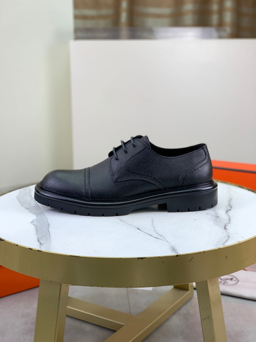 Hermès Men's Cap Toe Derby Shoes "Black" Grained Leather Thick Lug Sole Casual Dress Shoes