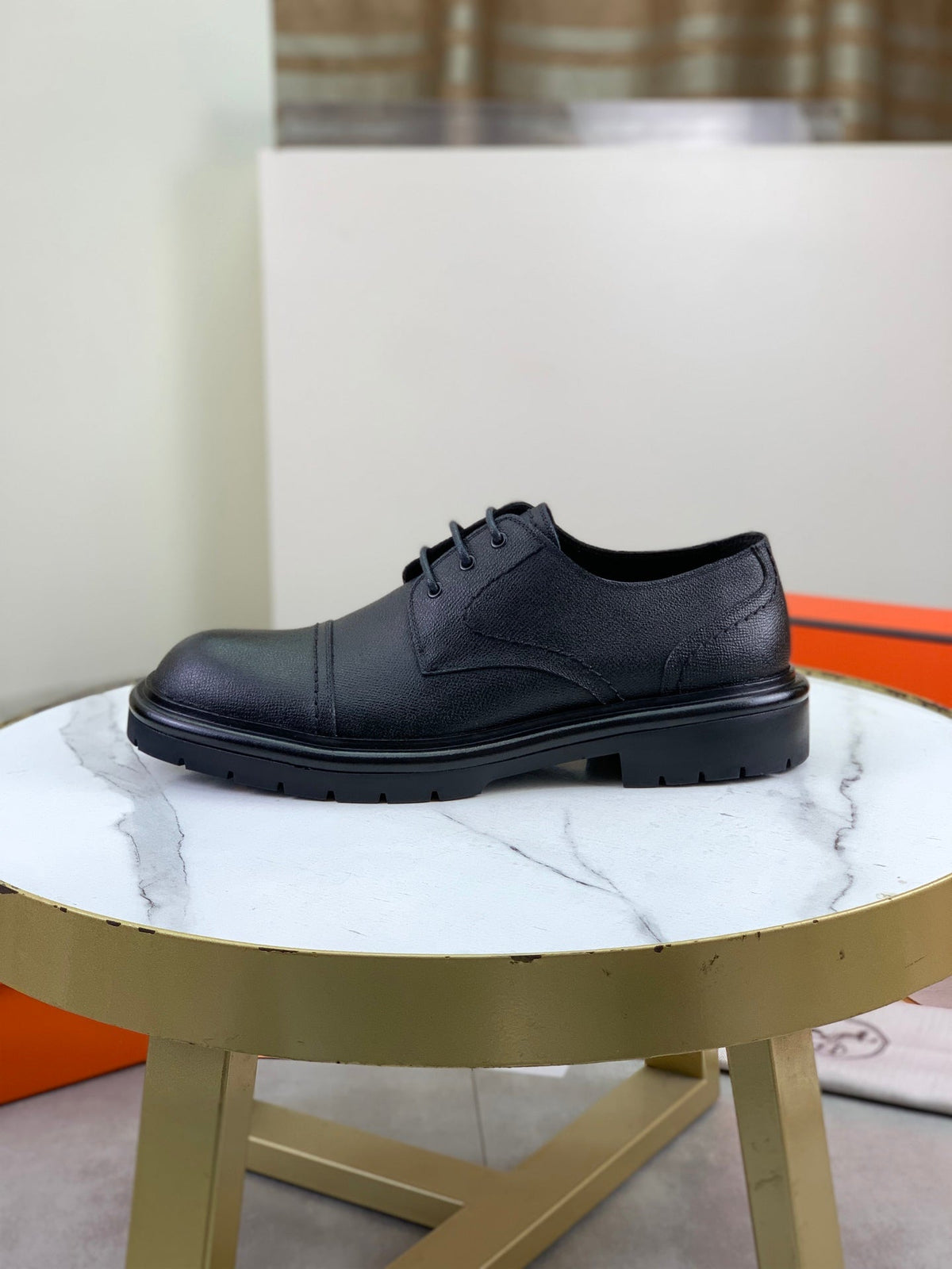 Hermès Men's Cap Toe Derby Shoes "Black" Grained Leather Thick Lug Sole Casual Dress Shoes