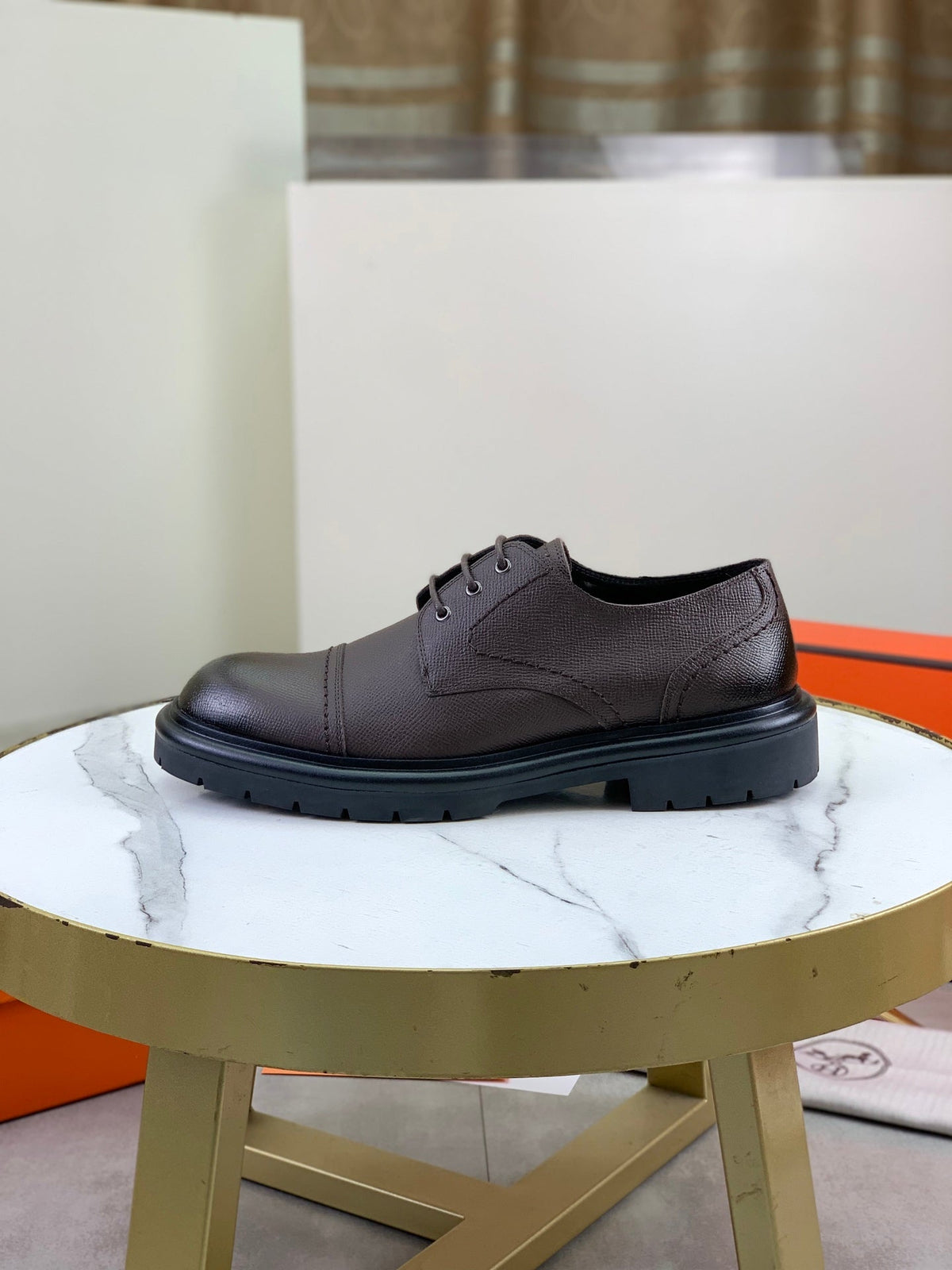 Hermès Men's Cap Toe Derby Shoes "Dark Brown" Grained Leather Thick Lug Sole Casual Dress Shoes