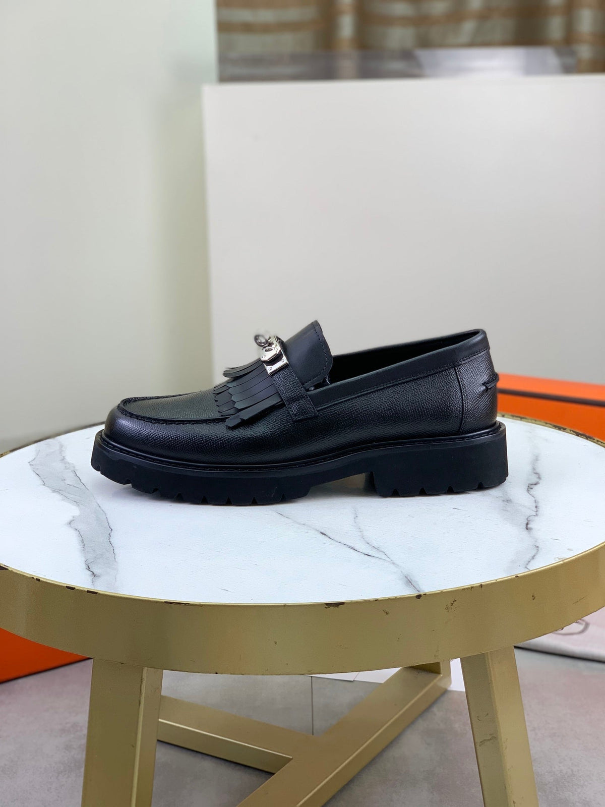 Hermès Men's Kelly Buckle Tassel Loafers "Black" Grain Calf Leather Thick Lug Sole Slip On Shoes