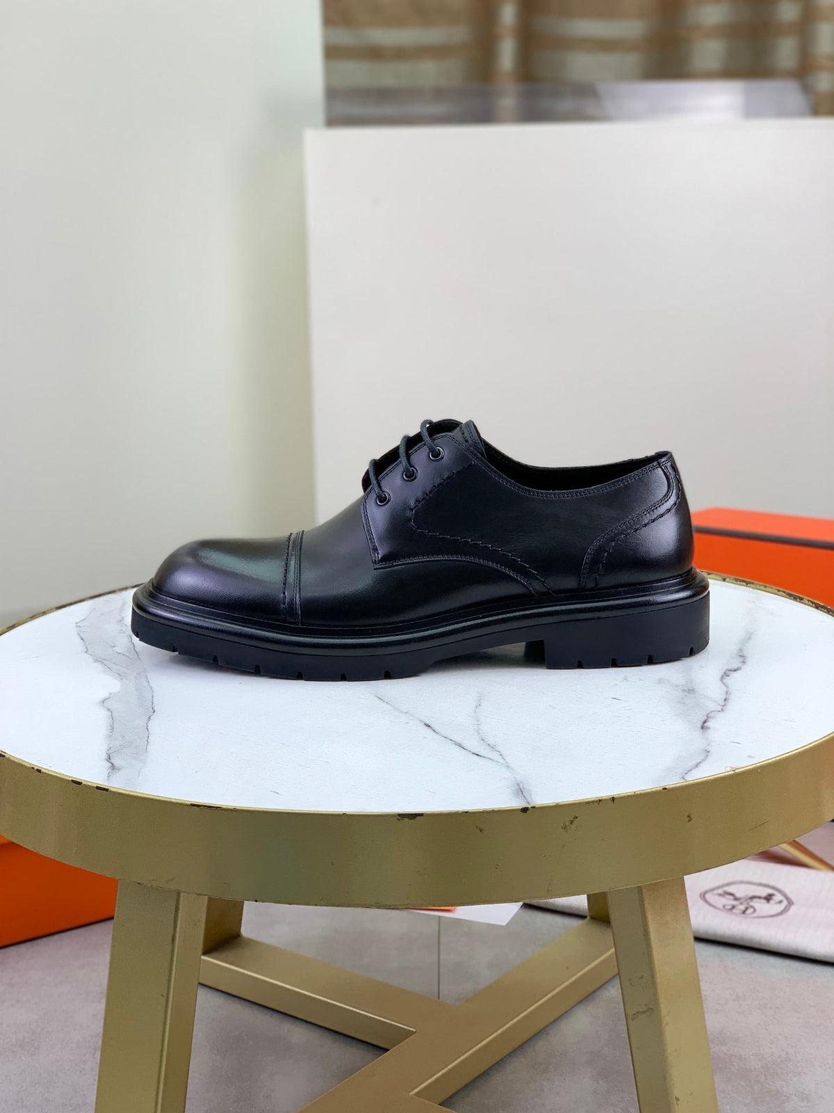 Hermès Men's Cap Toe Derby Shoes "Black" Smooth Leather Thick Lug Sole Casual Dress Shoes