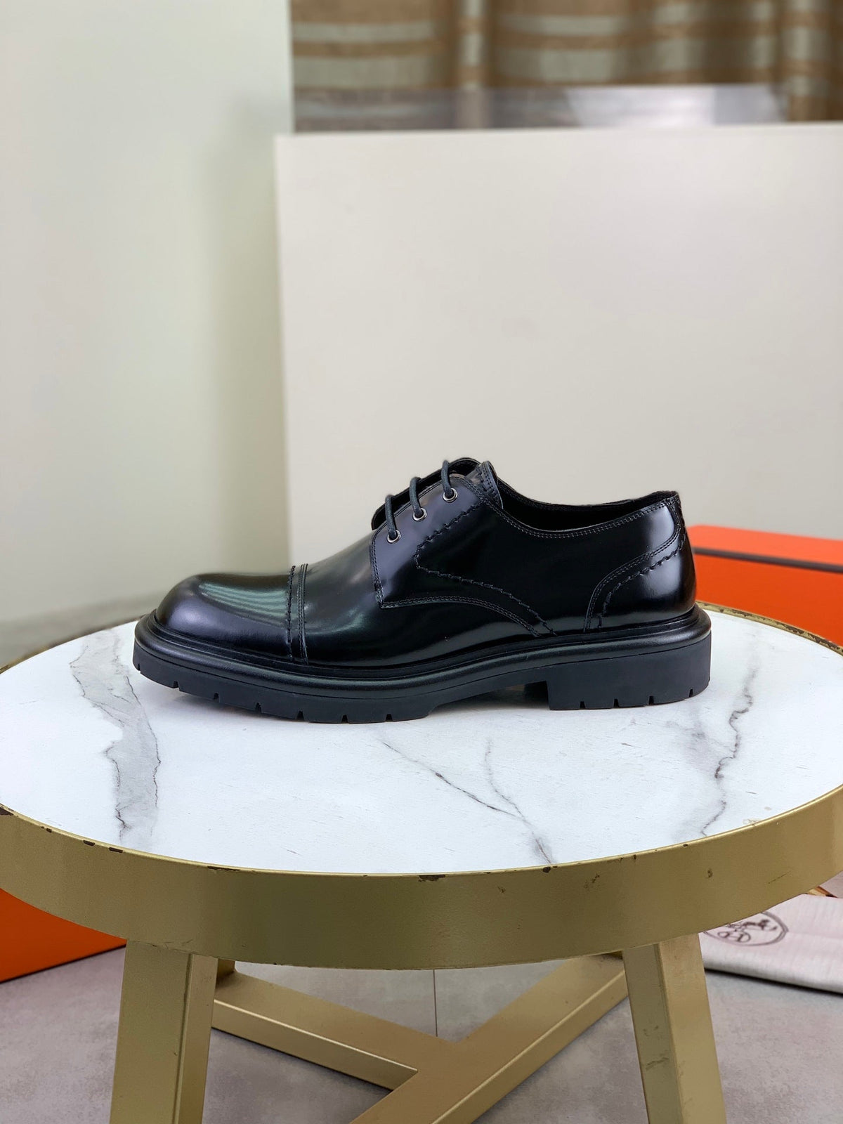 Hermes Group Series "Black" Patent Leather Cap Toe Men Derby Shoes