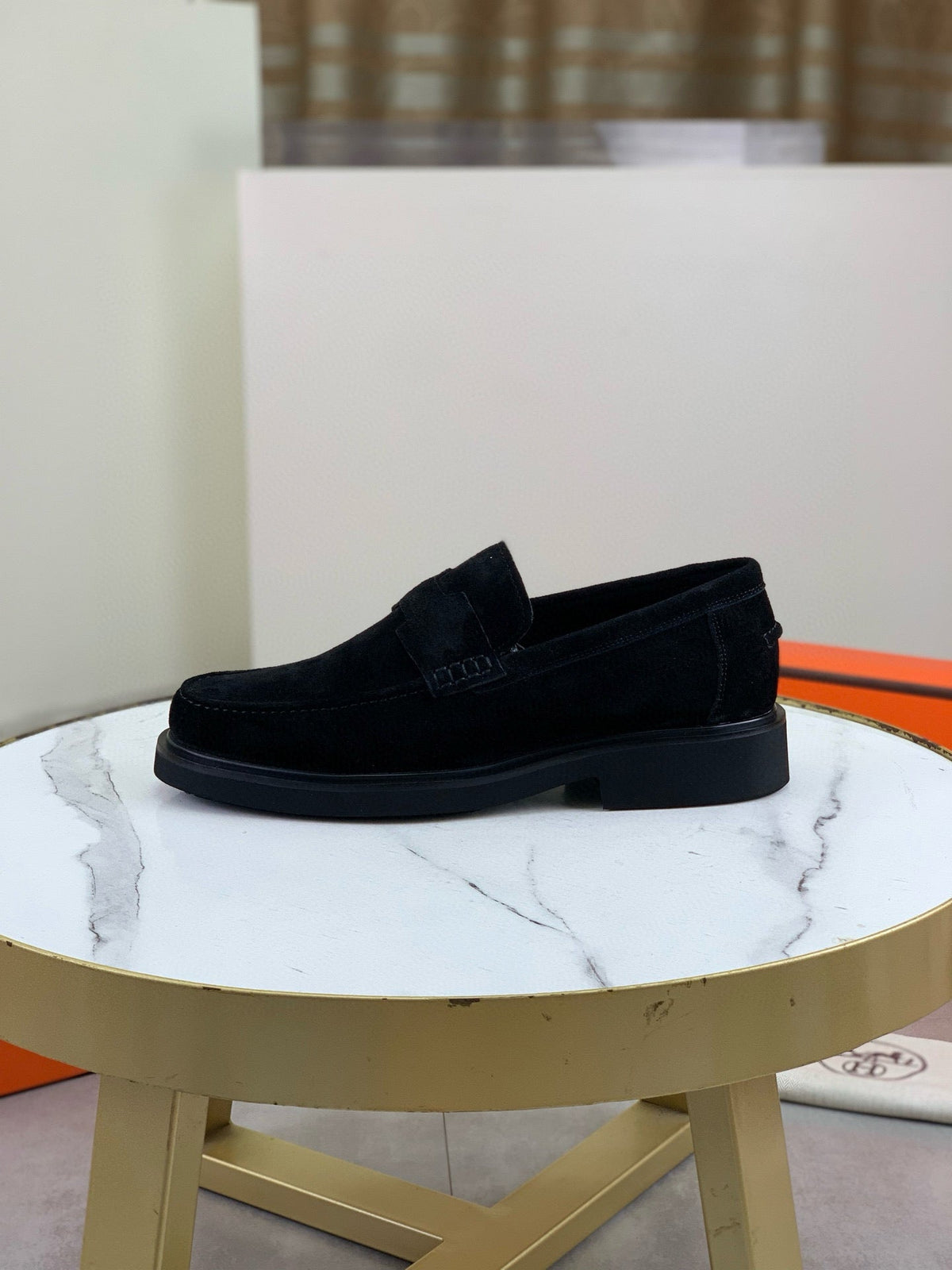 Hermès Men's Penny Loafers "Black" Suede Leather Thick Sole Casual Dress Shoes