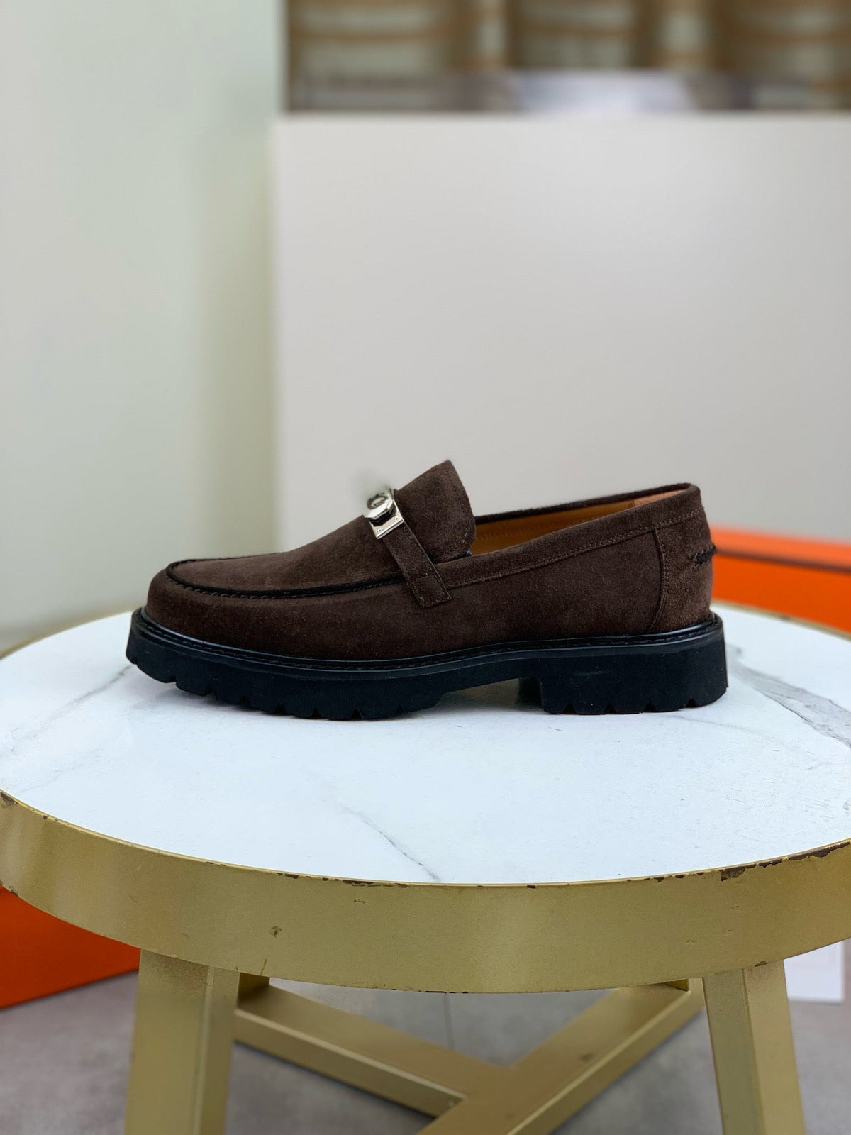 Hermes Group Series "Dark Brown" Suede Kelly Buckle Men Chunky Loafers