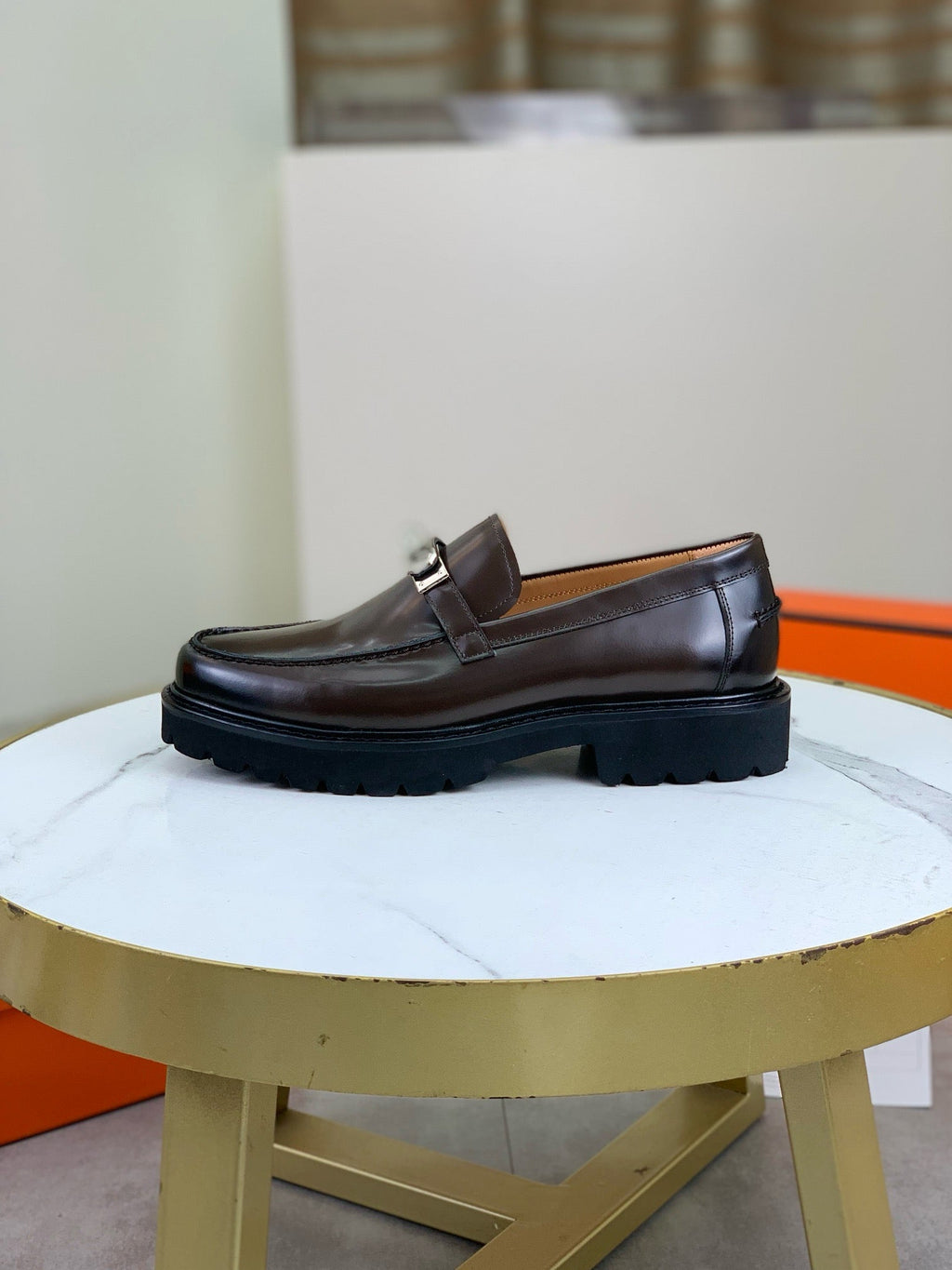 Hermes Group Series "Dark Brown" Polished Leather Kelly Buckle Men Chunky Loafers