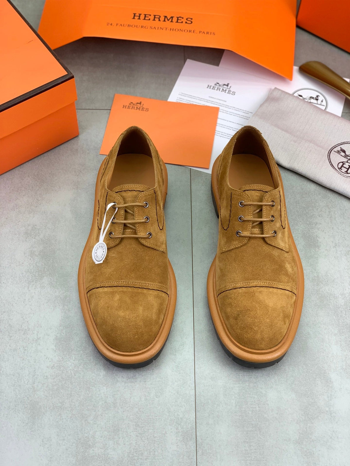 Hermès Men's Cap Toe Derby Shoes "Camel" Suede Thick Lug Sole Casual Dress Shoes