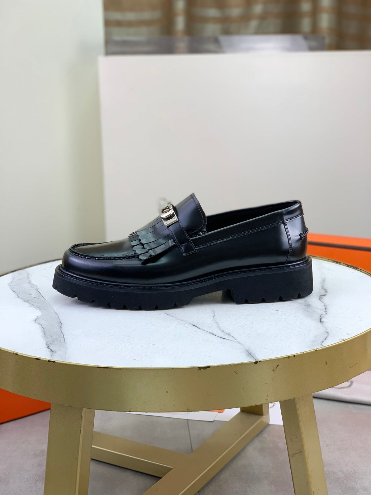 Hermès Men's Penny Loafers "Black" Polished Calf Leather Metal Buckle Slip On Dress Shoes