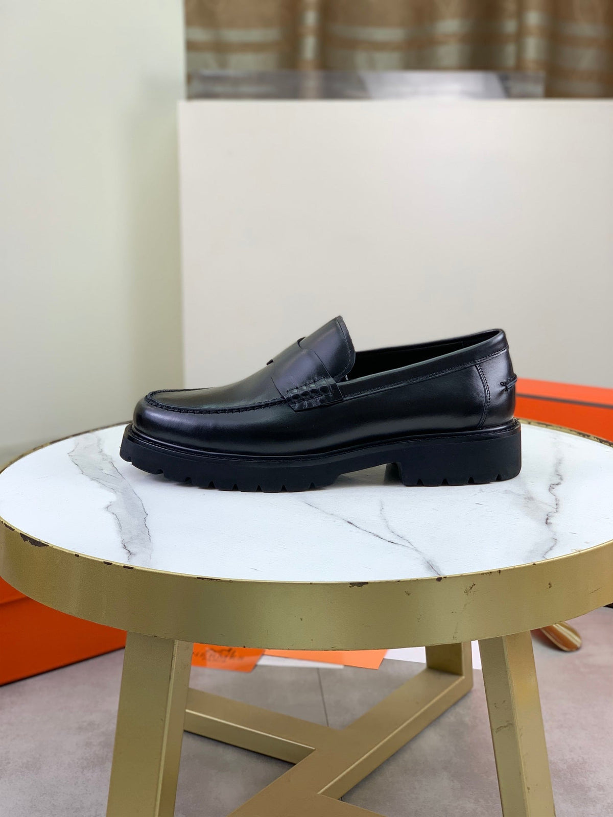 Hermes Group Series "Black" Smooth Leather Men Chunky Penny Loafers