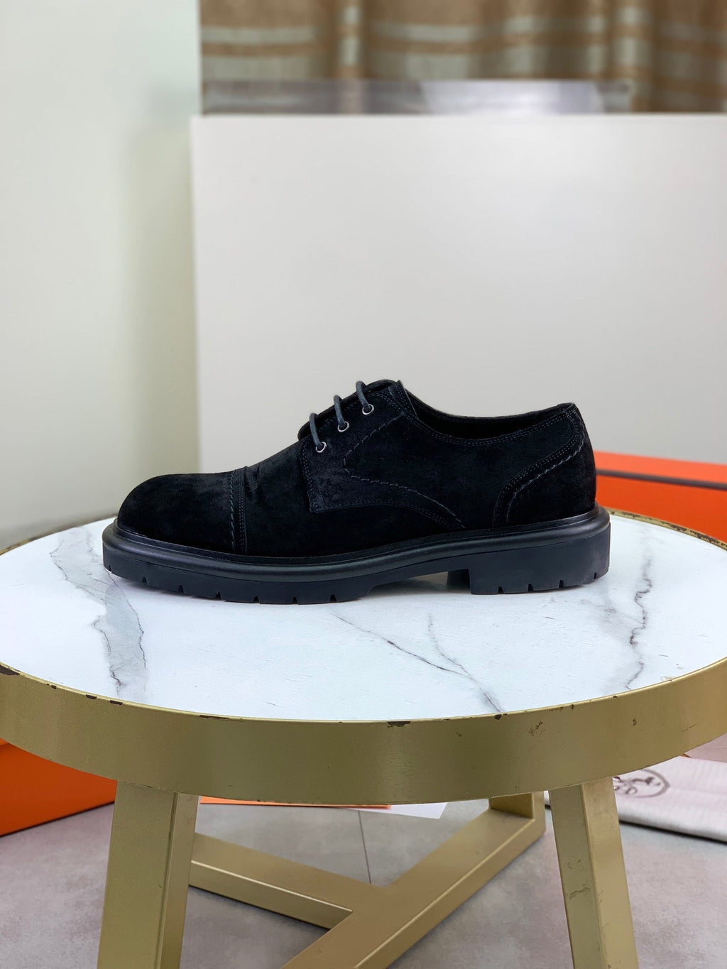 Hermès Men's Cap Toe Derby Shoes "Black" Suede Thick Lug Sole Casual Dress Shoes