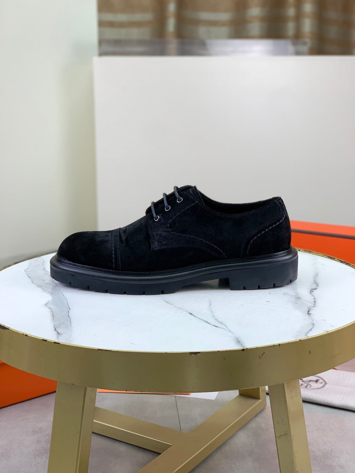 Hermès Men's Cap Toe Derby Shoes "Black" Suede Thick Lug Sole Casual Dress Shoes