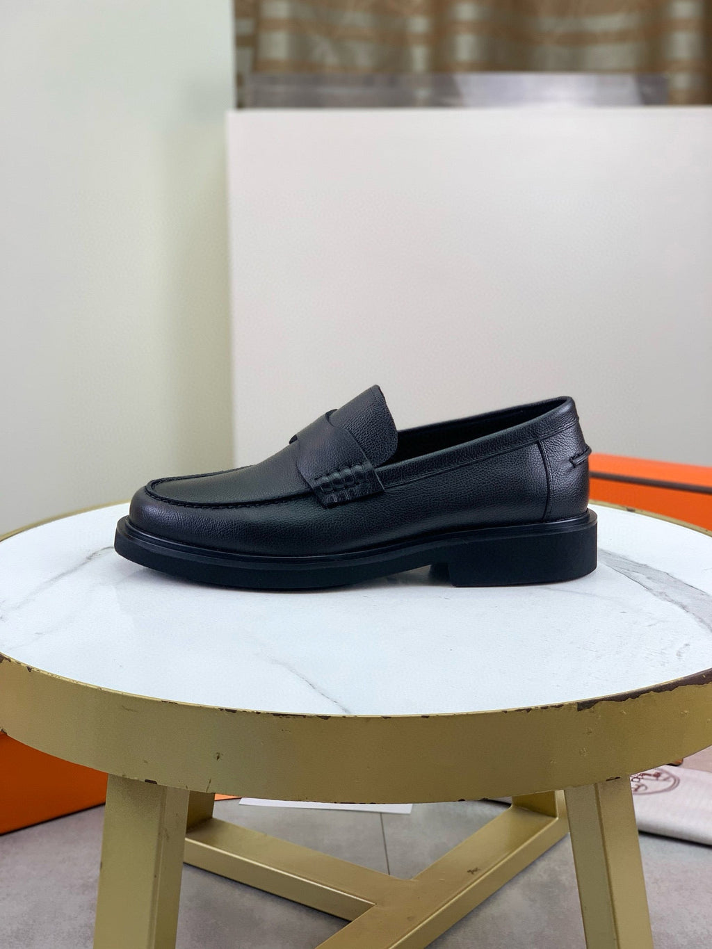 Hermes Group Series "Black" Grain Leather Men Penny Loafers
