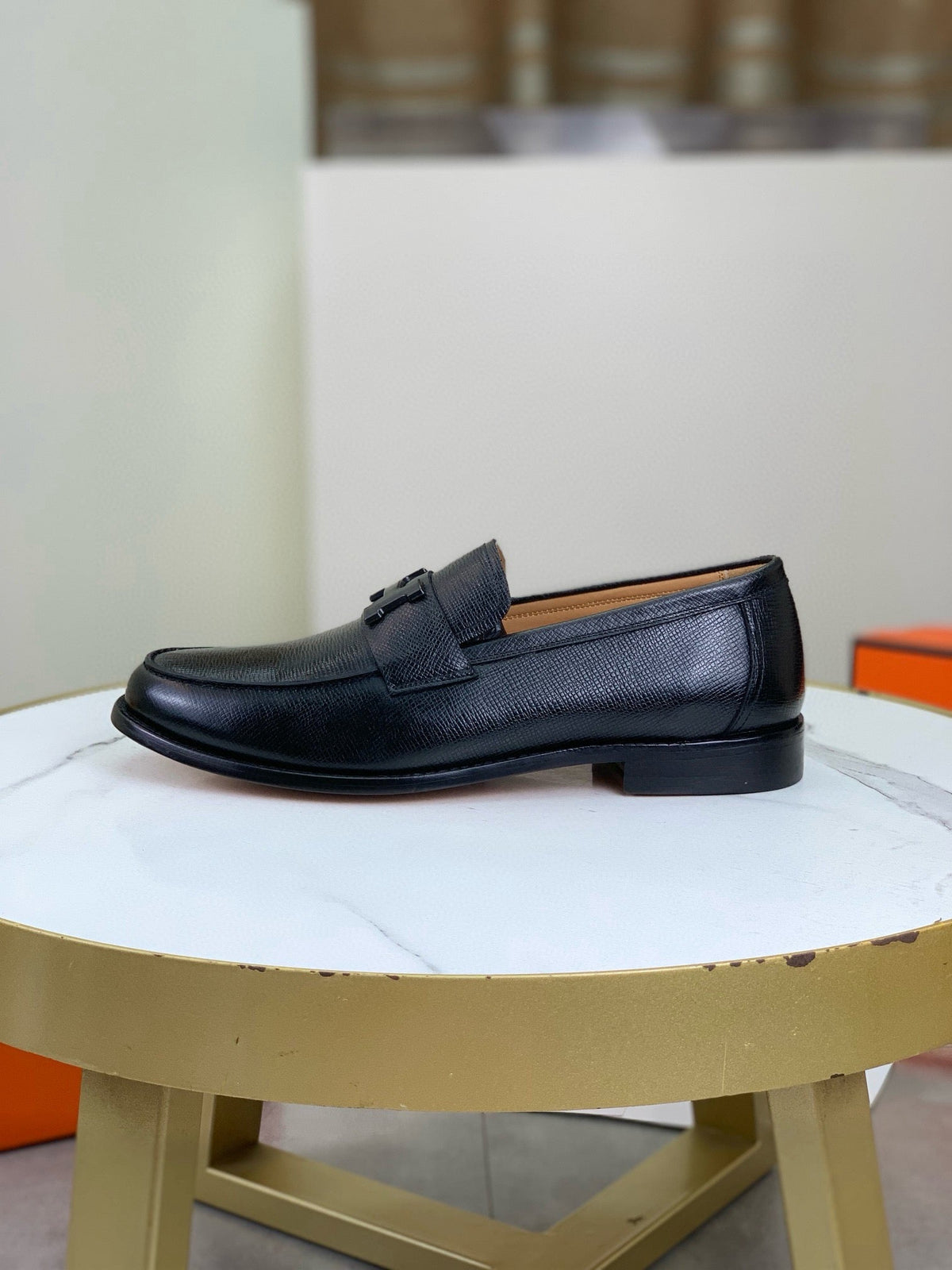 Hermès Men's H Logo Loafers "Black" Grained Calf Leather Slip On Formal Dress Shoes