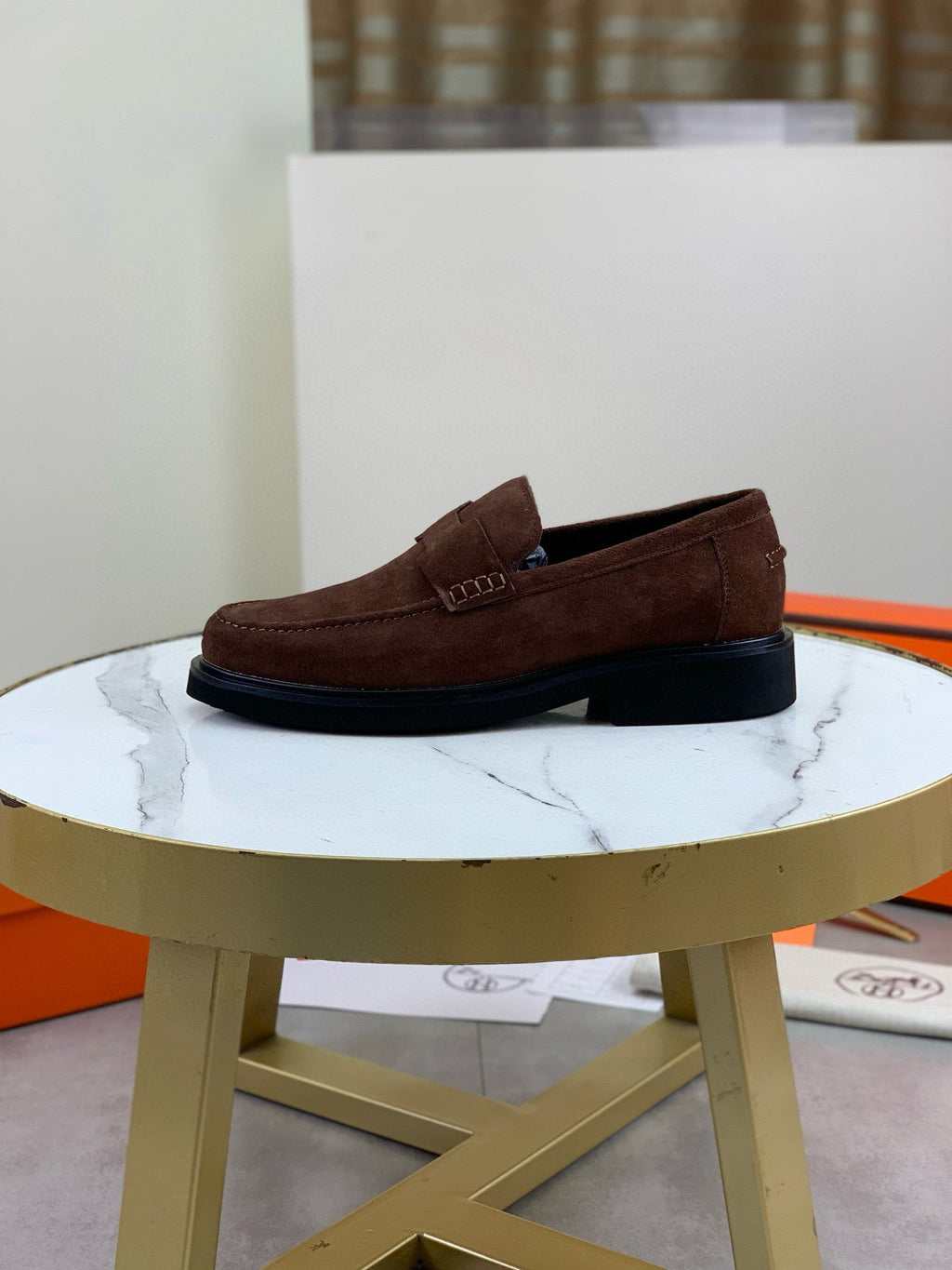 Hermès Men's Penny Loafers "Brown" Suede Leather Thick Sole Casual Dress Shoes
