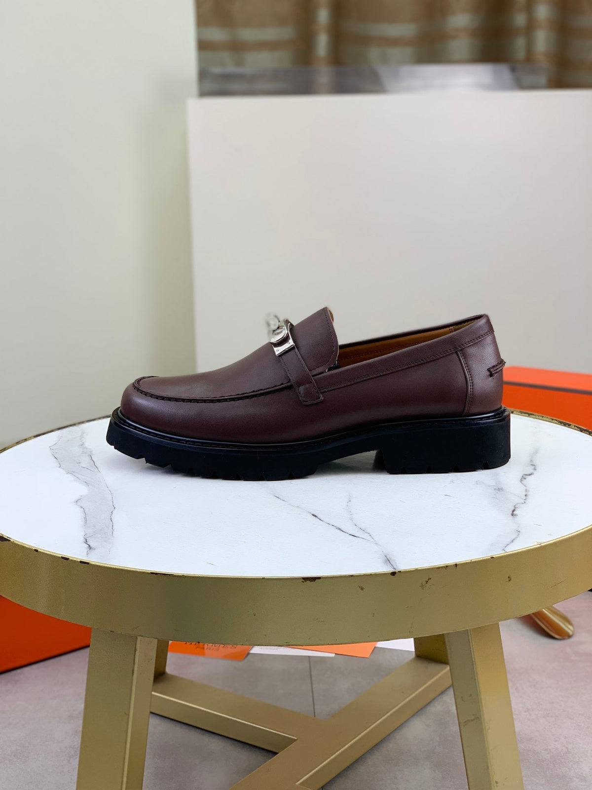 Hermes Group Series "Brown" Calfskin Kelly Buckle Men Chunky Loafers
