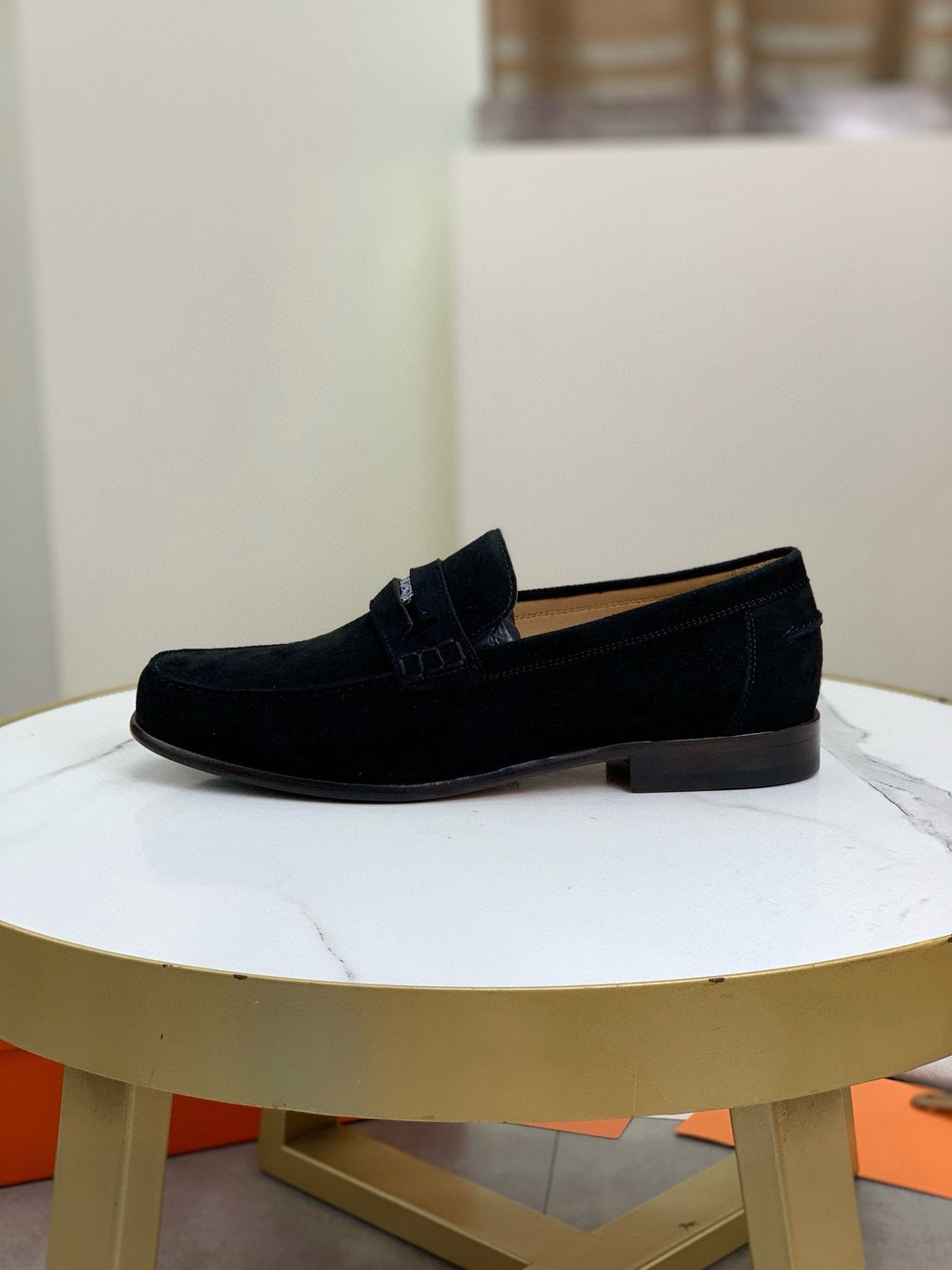 Hermès Men's Penny Loafers "Black" Suede Leather Metal Buckle Slip On Casual Dress Shoes