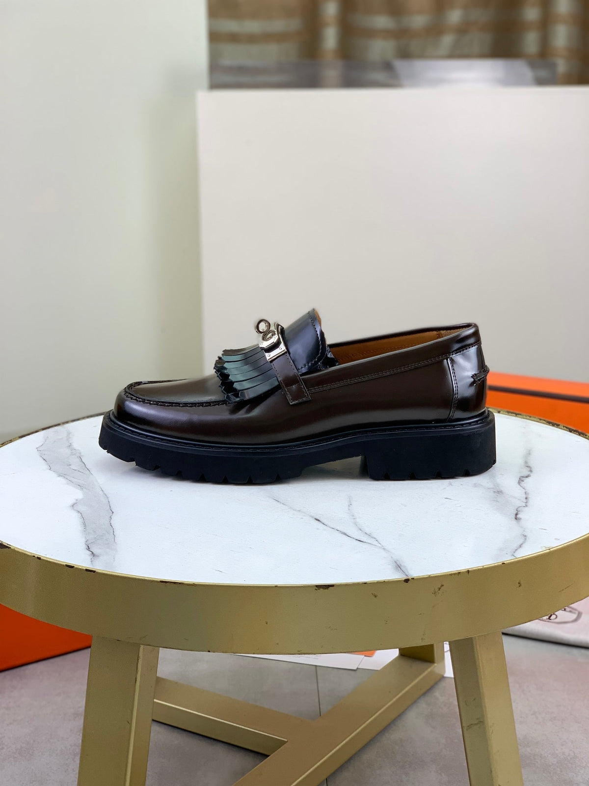 Hermès Men's Kelly Buckle Tassel Loafers "Dark Brown" Polished Calf Leather Thick Lug Sole Slip On Shoes