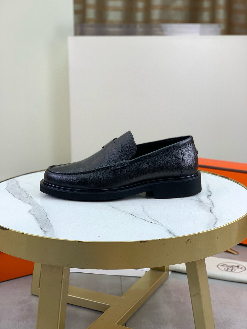 Hermès Men's Penny Loafers "Black" Grain Leather Thick Sole Business Dress Shoes