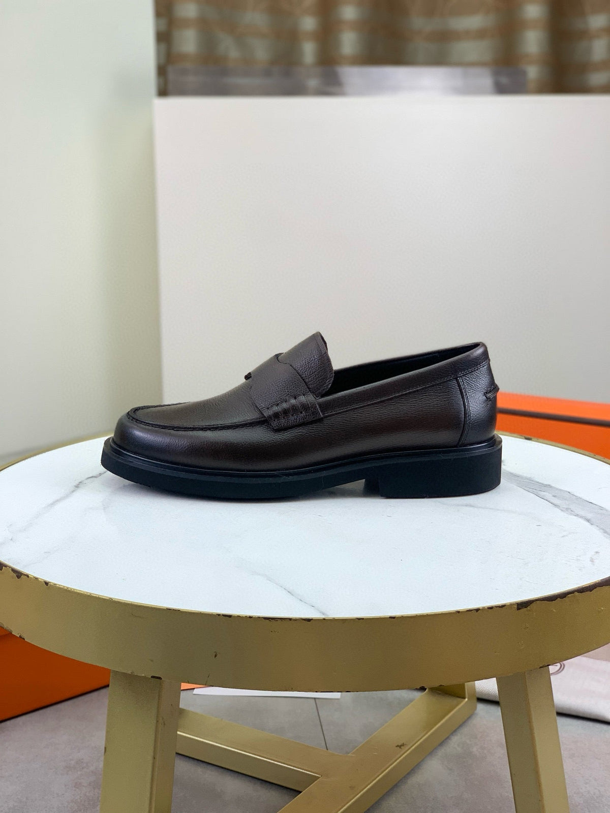 Hermes Group Series "Dark Brown" Grain Leather Men Penny Loafers
